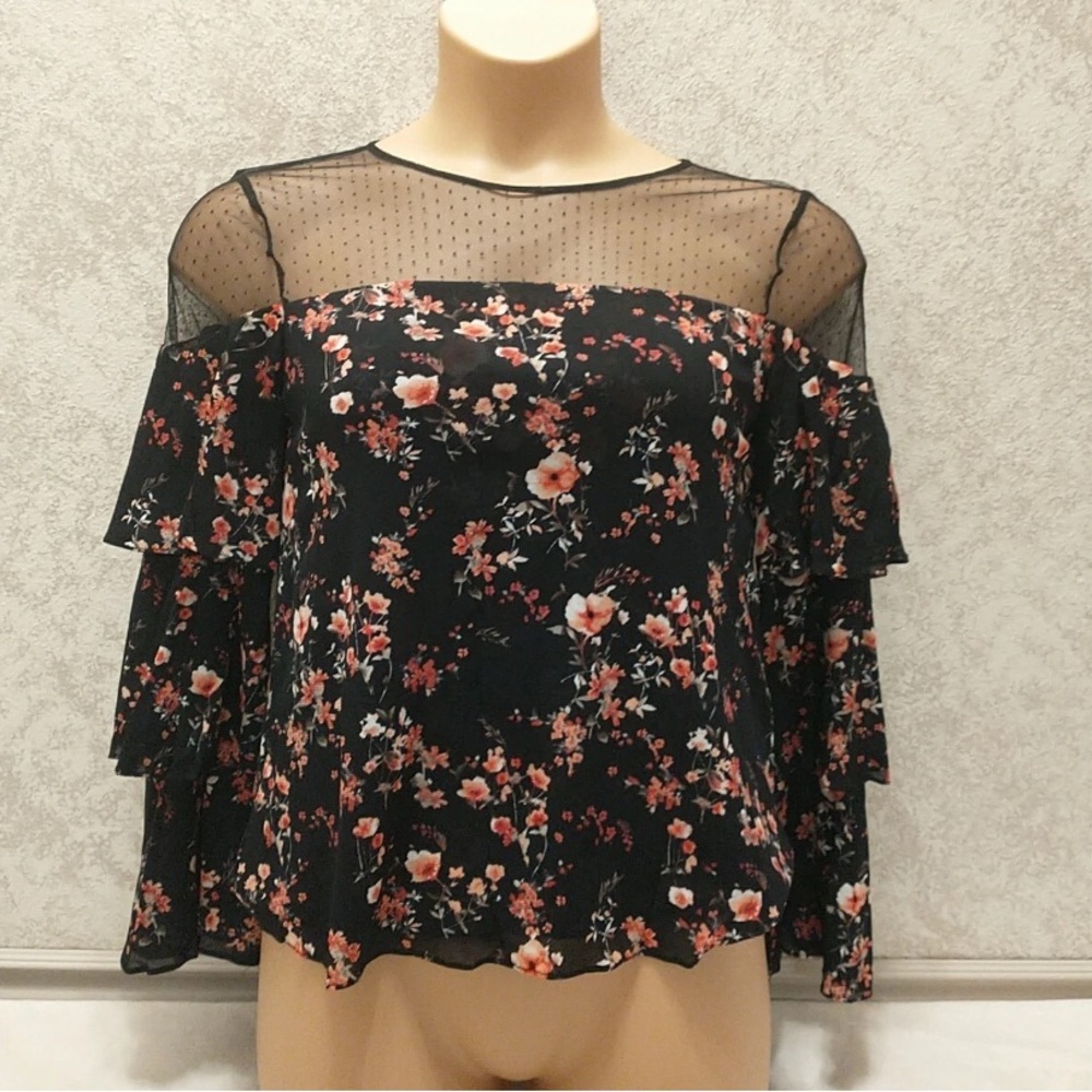 White House Black Market Floral Ruffle Sheer Panel Blouse